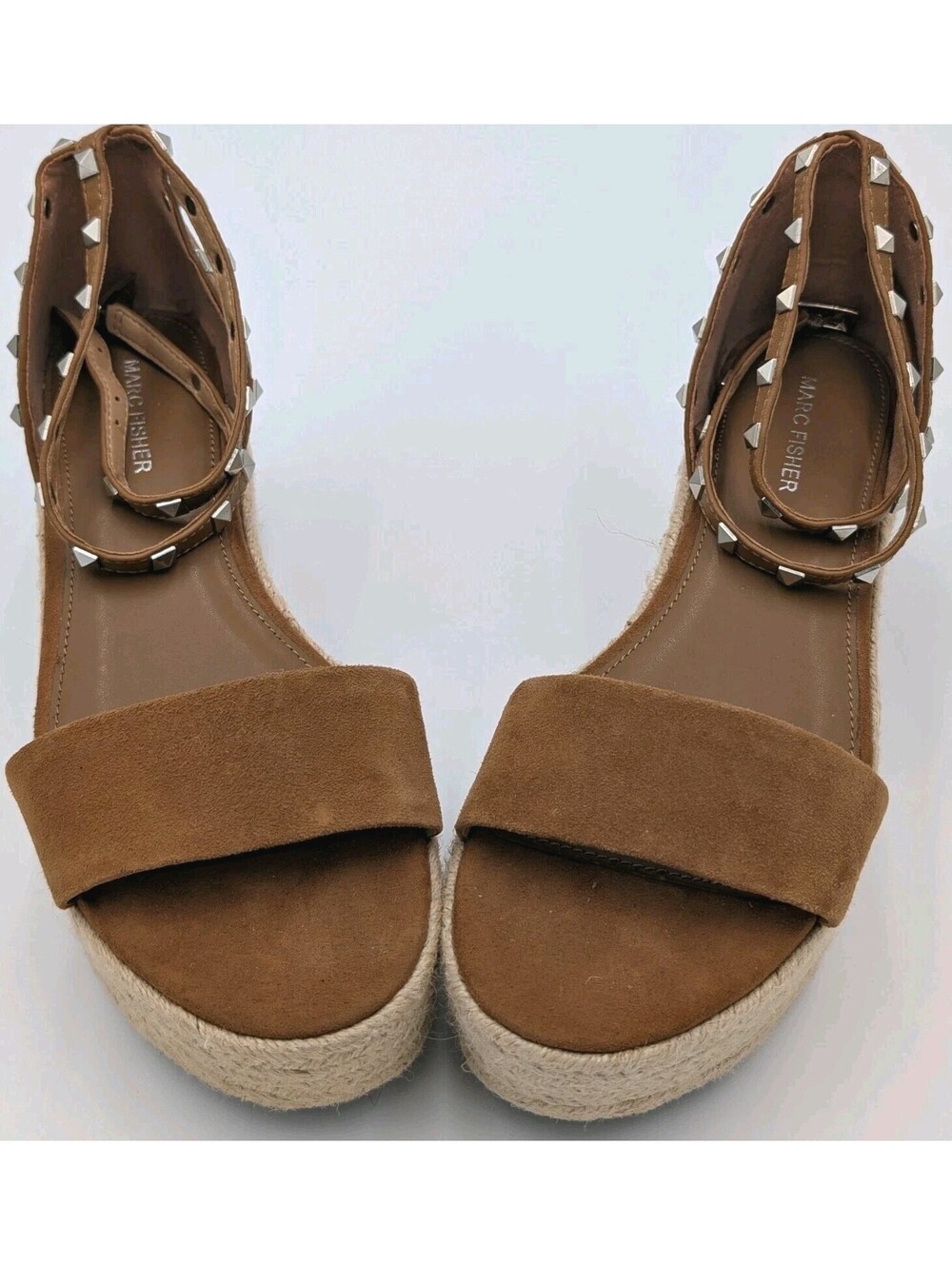 Marc Fisher Espadrille Wedge Sandals Womens 9.5M Tan Studded Platform Ankle Wrap